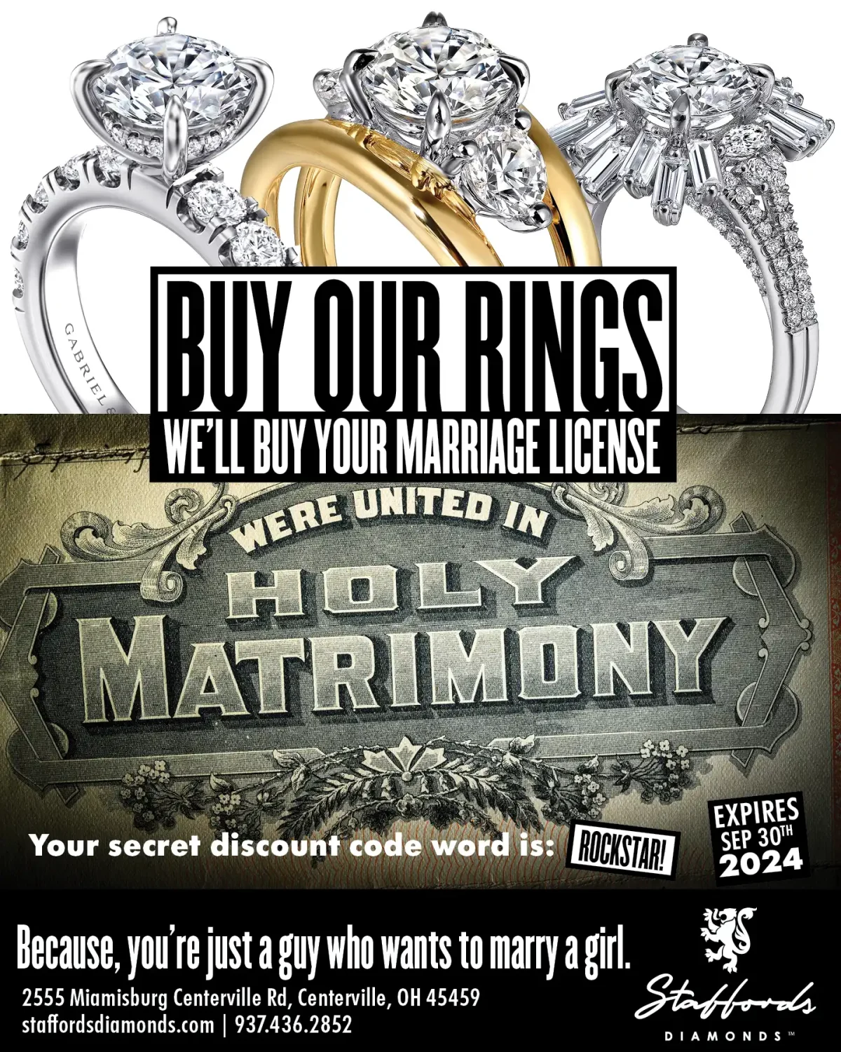 Buy a ring, we'll buy your marriage license. And, we'll sell you more rock for less money than any other jeweler including the Mall jewelers. use code rockstar until sep 30 2024